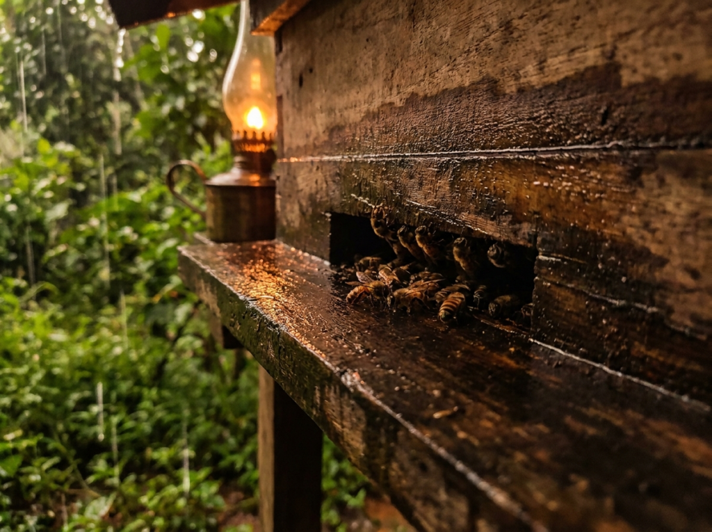 Honeybees sheltering inside the hive entrance during monsoon rain